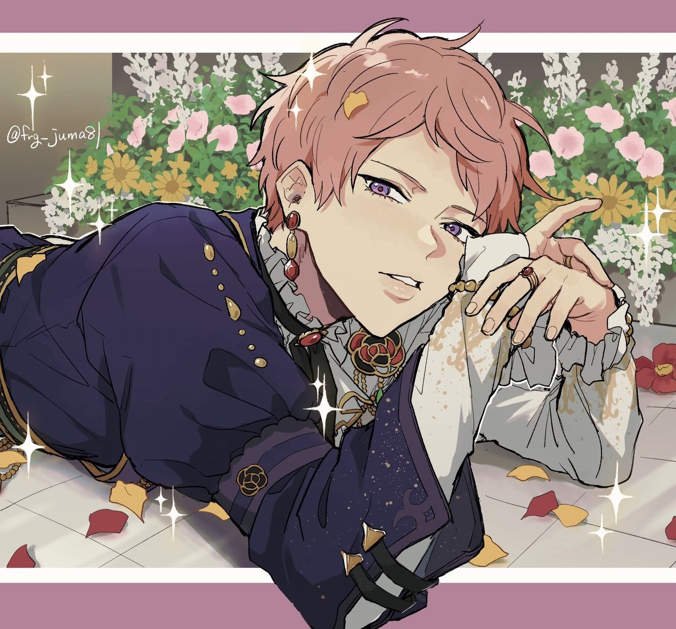 juma (wolf81gizinka), itsuki shu, ensemble stars!, commentary, highres, symbol-only commentary, 1boy, earrings, fingernails, flower, jewelry, le temps des fleurs (ensemble stars!), long sleeves, looking at viewer, lying, male focus, official alternate costume, on stomach, parted lips, pink flower, pink hair, purple eyes, red petals, ring, short bangs, short hair, solo, sparkle, twitter username, upper body, yellow petals