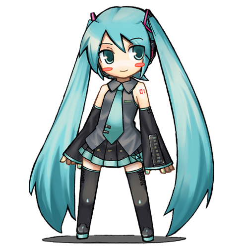 jingai modoki, hatsune miku, vocaloid, lowres, 1girl, aqua hair, aqua necktie, blouse, chibi, collared shirt, eyes visible through hair, female focus, full body, grey shirt, long hair, necktie, shirt, simple background, sleeveless, sleeveless shirt, solo, standing, tattoo, thighhighs, twintails, very long hair, zettai ryouiki