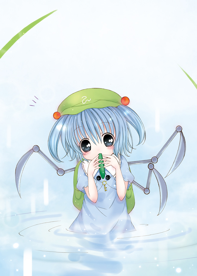 catbell, kawashiro nitori, touhou, 1girl, blue hair, blush, cucumber, eating, female focus, hair bobbles, hair ornament, hat, knife, looking at viewer, mechanical arms, mouth hold, partially submerged, ripples, short hair, single mechanical arm, solo, standing, twintails, two side up, wading, water