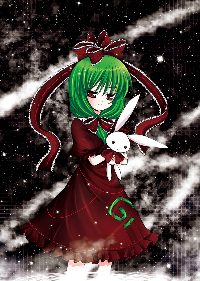 catbell, kagiyama hina, touhou, 1girl, alternate eye color, bow, dress, female focus, frills, front ponytail, green hair, hair bow, hair ornament, hair ribbon, holding, hugging doll, hugging object, long hair, red dress, red eyes, ribbon, smile, solo, stuffed animal, stuffed rabbit, stuffed toy
