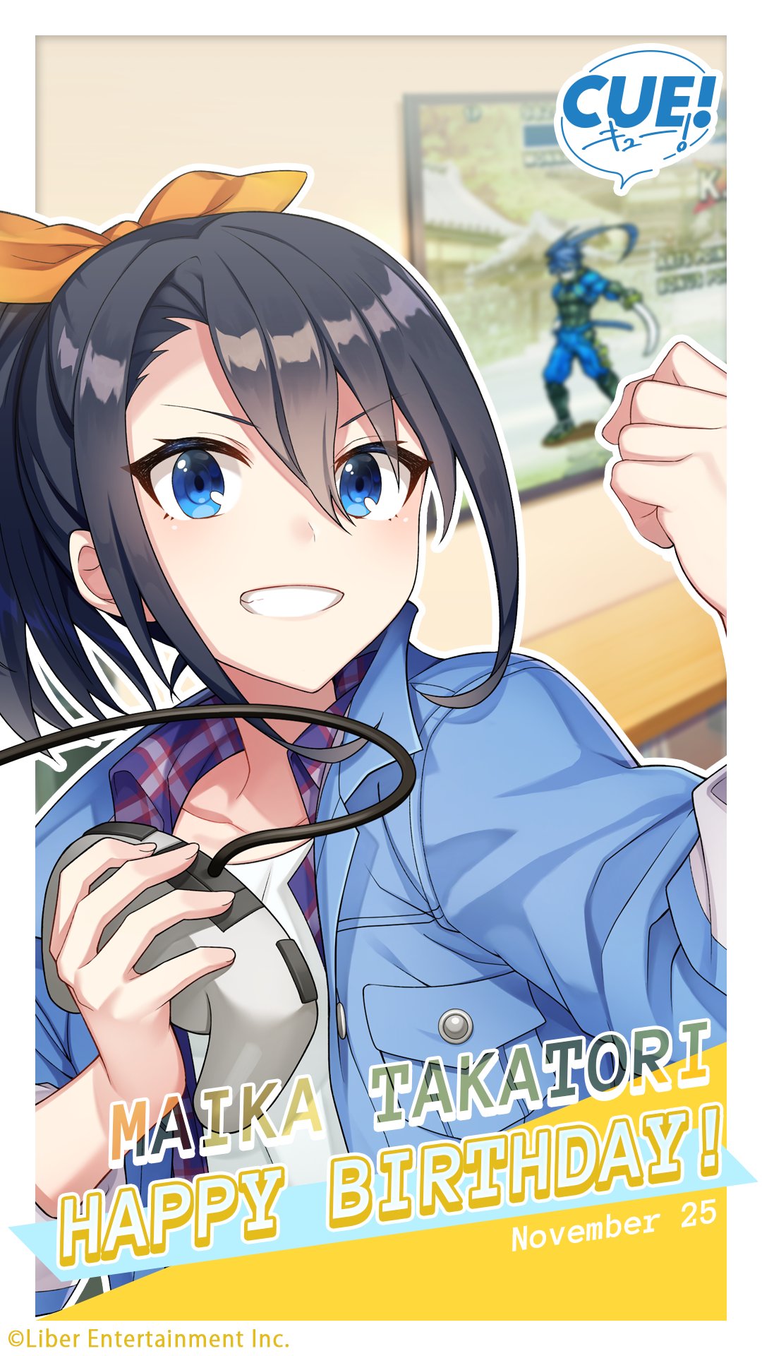 shirako miso, takatori maika, cue!, highres, official art, 1girl, black hair, blue eyes, blue jacket, blurry, blurry background, bow, breasts, character name, checkered clothes, checkered shirt, clenched hand, collared shirt, controller, dated, english text, game controller, game screenshot inset, hair between eyes, hair bow, hand up, happy birthday, holding, holding controller, holding game controller, jacket, long sleeves, looking at viewer, open mouth, pixel art, ponytail, shirt, short hair, sleeves rolled up, smile, solo, teeth, upper body, v-shaped eyebrows, white shirt
