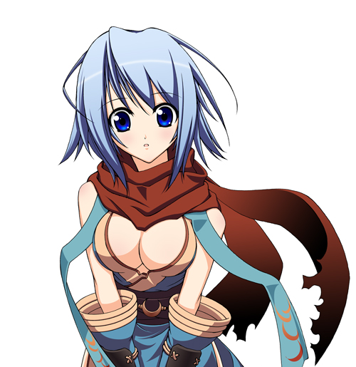 ninja (ragnarok online), ragnarok online, 1girl, blue eyes, blue hair, breasts, cleavage, female focus, large breasts, matching hair/eyes, ninja, scarf, solo