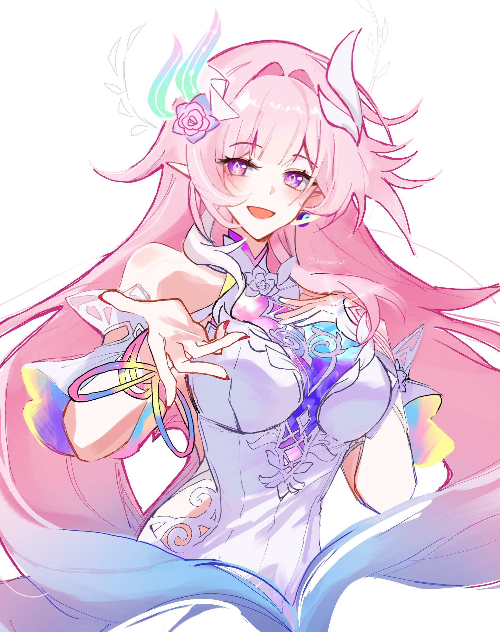 cyrene (honkai: star rail), cyrene (ripples of past reverie) (honkai: star rail), honkai: star rail, honkai (series), hashtag-only commentary, highres, 1girl, bare shoulders, breasts, diamond-shaped pupils, diamond (shape), dress, earrings, flower, hair flower, hair ornament, halo, jewelry, kmsbsn20, large breasts, long hair, parted lips, pink hair, pointy ears, purple eyes, reaching, reaching towards viewer, simple background, smile, solo, symbol-shaped pupils, very long hair, white background, white dress