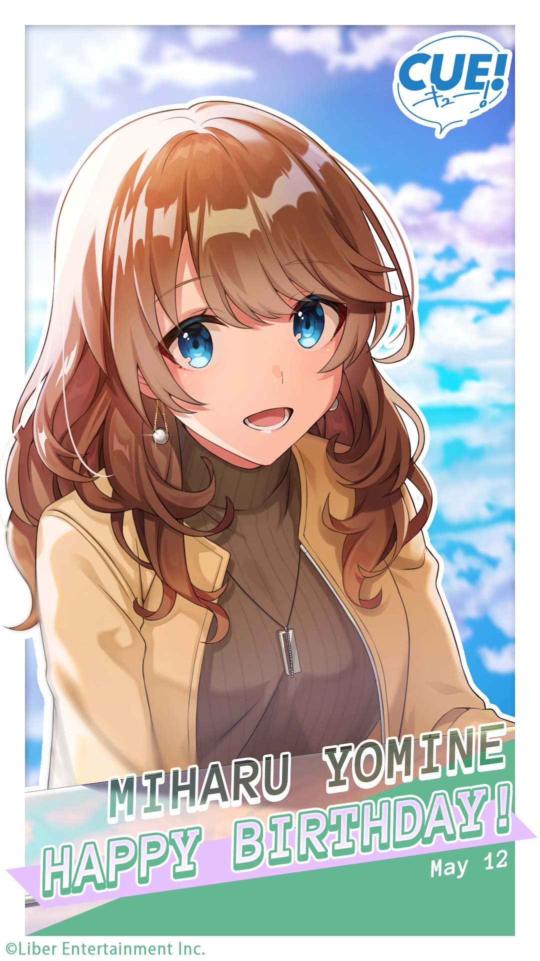 shirako miso, yomine miharu, cue!, highres, official art, 1girl, blue eyes, blurry, blurry background, blush, breasts, brown hair, brown jacket, brown sweater, character name, cloud, dated, earrings, english text, happy birthday, jacket, jewelry, large breasts, long hair, long sleeves, looking at viewer, lower teeth only, necklace, open clothes, open jacket, open mouth, sidelocks, skirt, smile, solo, sweater, teeth, tented shirt, turtleneck, turtleneck sweater, upper body