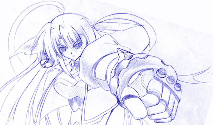 kagura yuuto, ginga nakajima, revolver knuckle, lyrical nanoha, mahou shoujo lyrical nanoha, mahou shoujo lyrical nanoha strikers, 00s, 1girl, female focus, monochrome, purple theme, solo