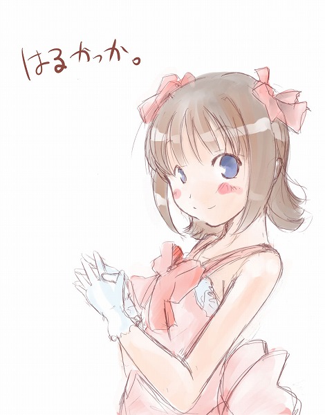 ogu, amami haruka, idolmaster, idolmaster (classic), idolmaster 1, 00s, 1girl, bare shoulders, blue eyes, blunt bangs, blush, blush stickers, bow, bowtie, brown hair, cute & girly (idolmaster), female focus, from side, gloves, looking at viewer, looking to the side, red bow, red bowtie, short hair, simple background, smile, solo, upper body, white background