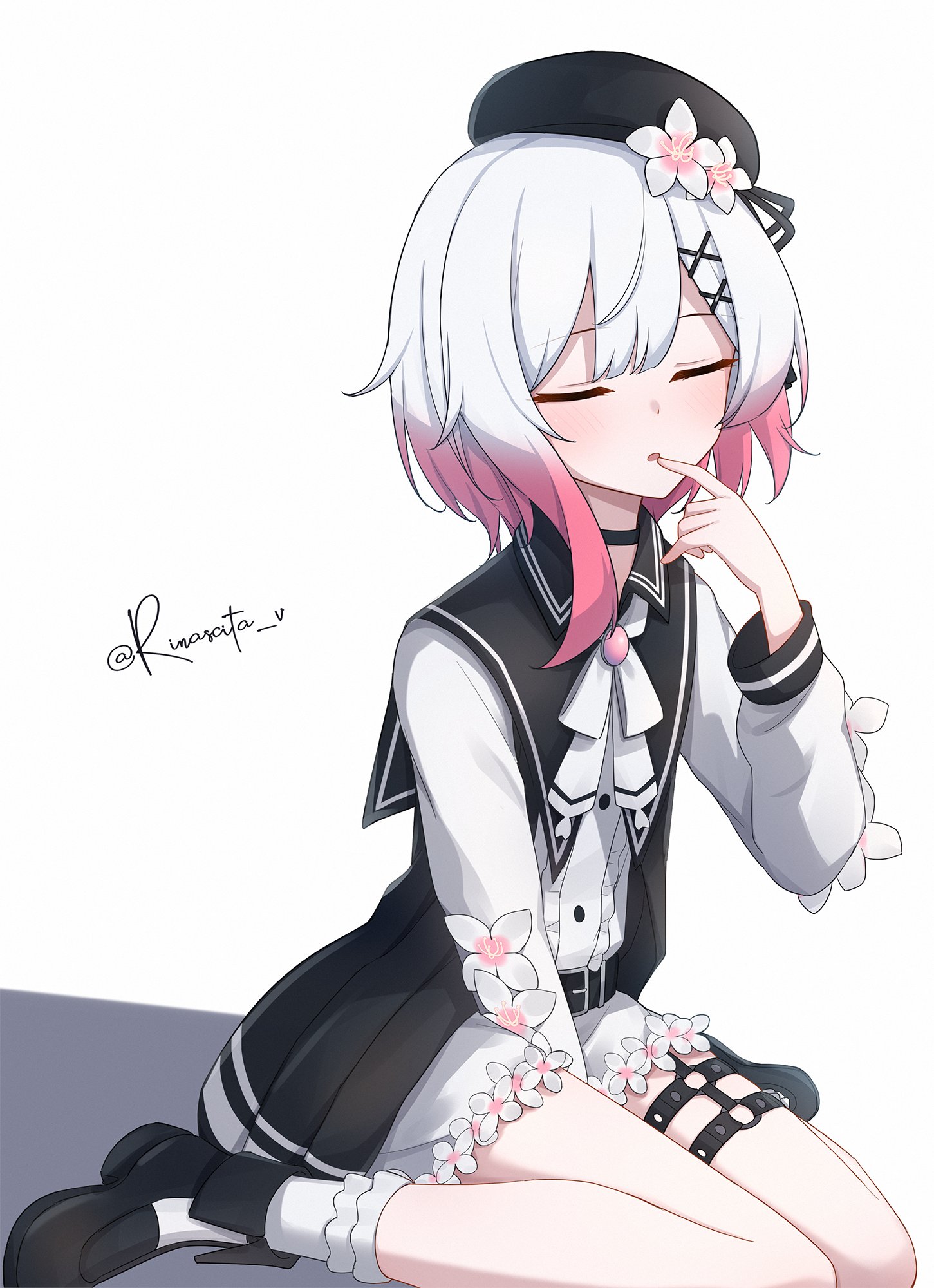 aticsanir, sakuraba ema, mahou shoujo no majo saiban, highres, 1girl, beret, black choker, black dress, black hat, black shoes, bloomers, choker, closed mouth, dress, finger to mouth, flower, flower ornament, gradient hair, hair ornament, hand between thighs, hat, hat flower, magical girl, multicolored hair, shoes, simple background, sitting, socks, solo, thigh strap, underwear, wariza, white background, white flower, white socks, x hair ornament