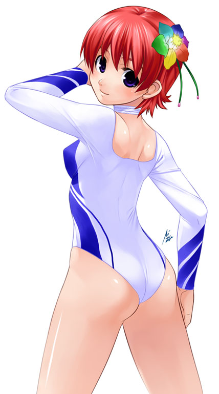 mizuki gyokuran, original, ass, blue eyes, cowboy shot, leotard, red hair, short hair, solo, white background
