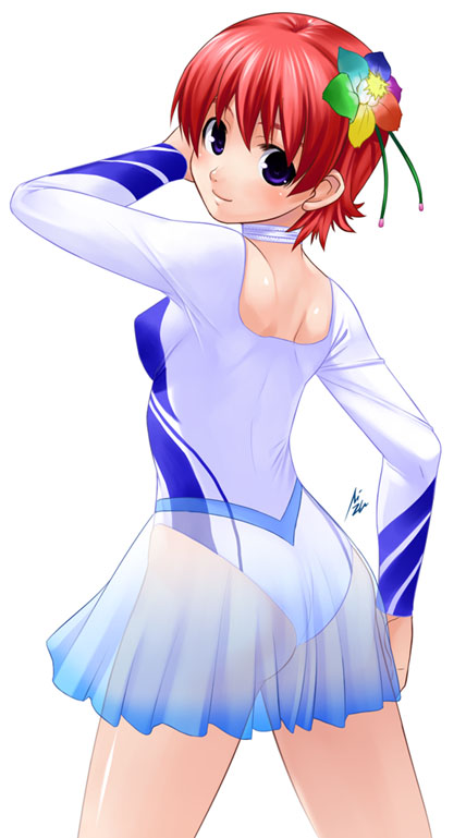mizuki gyokuran, original, 1girl, ass, blue eyes, female focus, leotard, red hair, short hair, skirt, solo