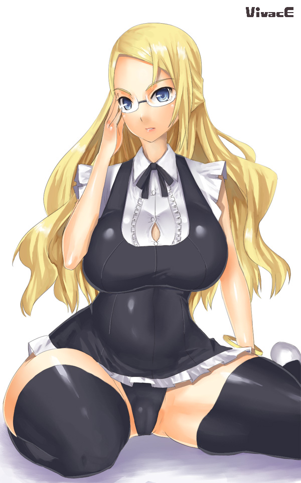 nagase haruhito, konishi mitsuki, subarashiki kono sekai, 1girl, bad anatomy, blonde hair, blue eyes, breasts, cameltoe, casual one-piece swimsuit, curvy, female focus, glasses, large breasts, latex, long hair, one-piece swimsuit, simple background, solo, swimsuit, thighhighs