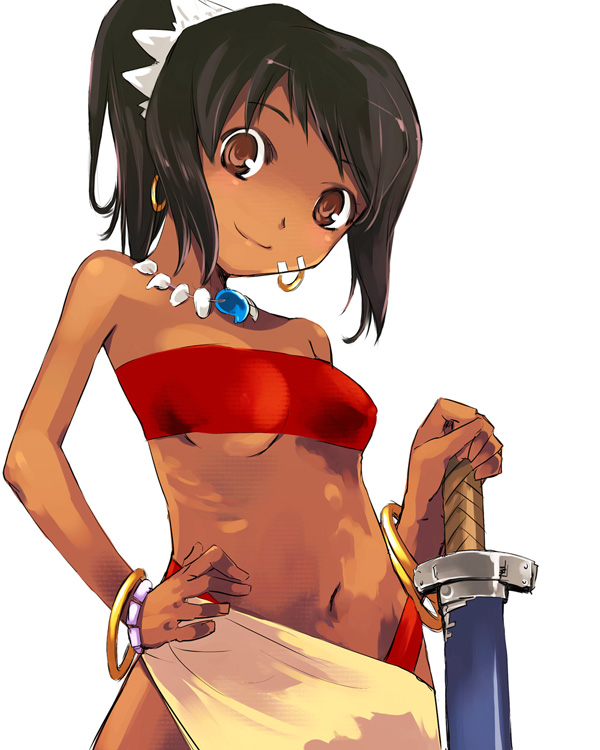 yuu (kfc), shilleka, atlus, etrian odyssey, 1girl, bikini, black hair, bracelet, breasts, brown eyes, dark-skinned female, dark skin, earrings, female focus, from below, hand on own hip, hands on hilt, head tilt, hip focus, hoop earrings, jewelry, magatama, navel, ponytail, sarong, sheath, simple background, small breasts, smile, solo, swimsuit, sword, underboob, weapon