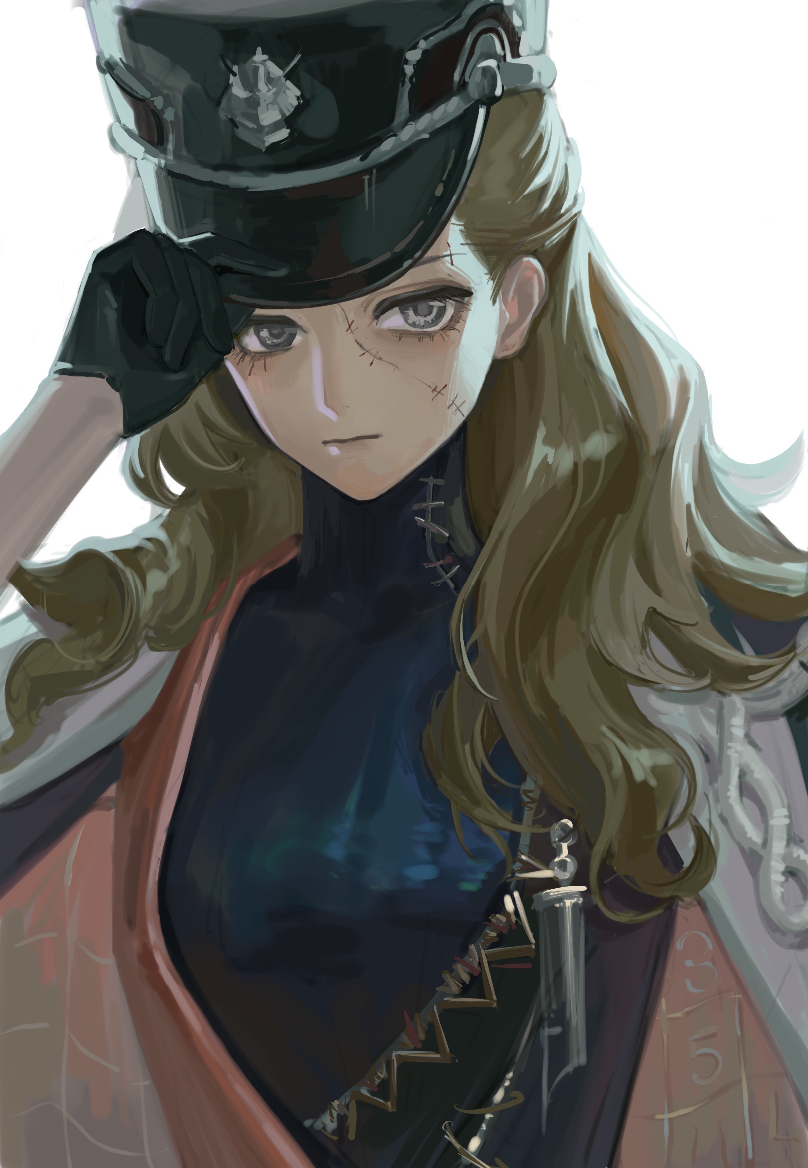 reverse:1999, chinese commentary, commentary request, highres, 1girl, adjusting clothes, adjusting headwear, black coat, black dress, black gloves, black hat, brown hair, chise zhanche, closed mouth, coat, coat on shoulders, corvus (reverse:1999), dress, gloves, grey eyes, hand on headwear, hand up, hat, long hair, looking at viewer, shako cap, solo, stitched face, stitches, upper body, white background
