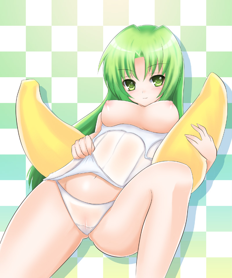 shima-shuu, sonozaki shion, higurashi no naku koro ni, 00s, 1girl, banana, breasts, clothes lift, female focus, food, fruit, green eyes, green hair, large breasts, matching hair/eyes, nipples, on banana, one-piece swimsuit, school swimsuit, school swimsuit flap, see-through clothes, shirt lift, solo, swimsuit, white one-piece swimsuit, white school swimsuit