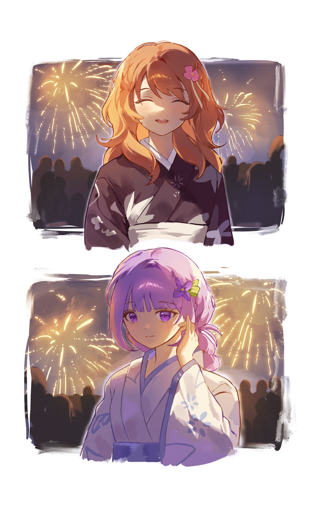 hikami sumire, ozora akari, aikatsu!, aikatsu! (series), highres, 2girls, aeri ak, arm up, black kimono, brown hair, closed eyes, fireworks, flower, hair flower, hair ornament, japanese clothes, kimono, multiple girls, open mouth, purple eyes, purple hair, summer festival, white kimono, yukata