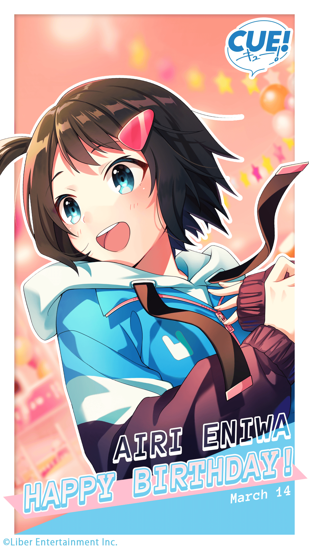 shirako miso, eniwa airi, cue!, highres, official art, 1girl, :d, belt, black hair, blue eyes, blue jacket, blurry, blurry background, blush, breasts, brown belt, character name, dated, english text, hair ornament, hairclip, hand on own chest, hood, hood down, hoodie, jacket, long sleeves, looking at viewer, multicolored jacket, one side up, open mouth, short hair, small breasts, smile, solo, teeth, upper body, upper teeth only, white hood, white hoodie