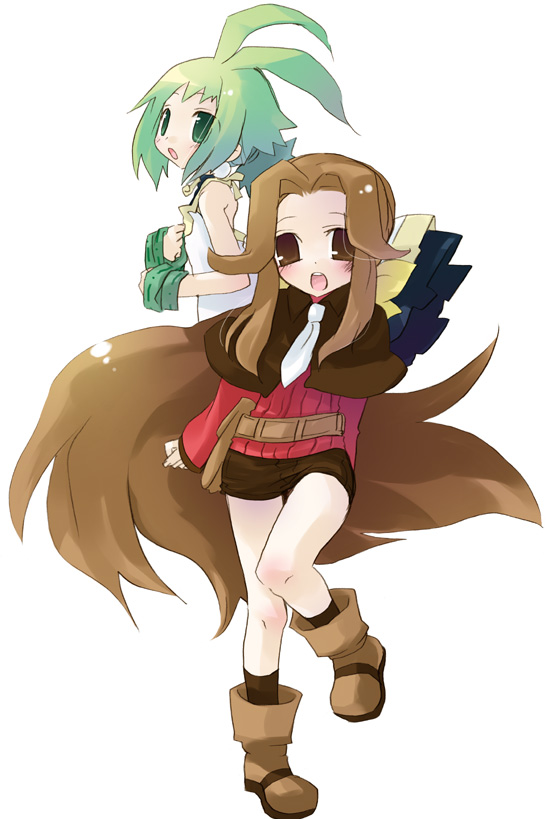 sazaki ichiri, castille, castille (phantom brave), marona (phantom brave), phantom brave, 2girls, brown hair, green eyes, green hair, long hair, multiple girls, ribbon, short hair