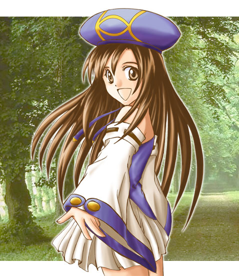 lita blanchimont, atelier (series), atelier iris, atelier iris eternal mana, gust, 1girl, :d, bare shoulders, beret, brown hair, cowboy shot, detached sleeves, dress, female focus, hat, letterboxed, long sleeves, open mouth, outdoors, outstretched arm, plant, smile, solo, thighs, tree, white dress, wide sleeves