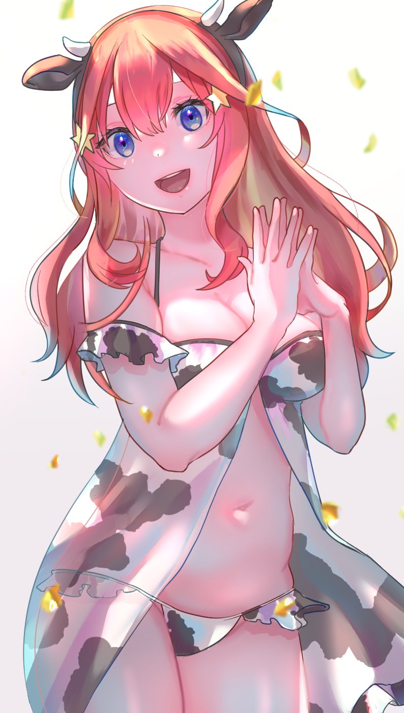 aibon, nakano itsuki, go-toubun no hanayome, commentary request, highres, 1girl, animal ear hairband, animal ears, animal print, blue eyes, breasts, cleavage, cow ear hairband, cow ears, cow print, cowboy shot, fake animal ears, hair ornament, hairband, large breasts, long hair, looking at viewer, navel, open mouth, own hands together, red hair, smile, solo, star (symbol), star hair ornament, steepled fingers, teeth, upper teeth only, white background