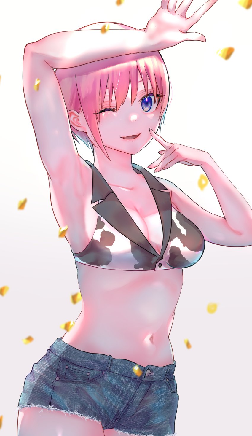 aibon, nakano ichika, go-toubun no hanayome, commentary request, highres, 1girl, animal print, arm up, armpits, bikini, bikini top only, blue eyes, breasts, cleavage, collarbone, cow print, cow print bikini, cowboy shot, cutoffs, denim, denim shorts, looking at viewer, medium breasts, navel, one eye closed, open mouth, pink hair, print bikini, short hair, shorts, smile, solo, stomach, swimsuit, white background