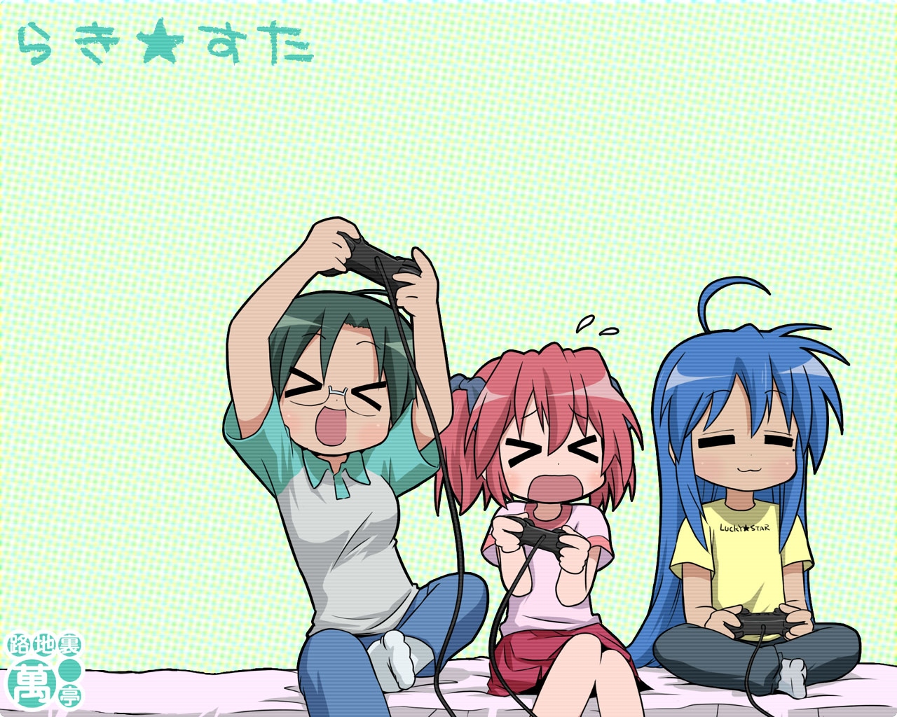 nagian, izumi konata, kobayakawa yutaka, narumi yui, lucky star, translated, > <, 00s, 3girls, blue hair, closed eyes, cousins, green hair, long hair, mole, mole under eye, multiple girls, pink hair, playing games, raglan sleeves, short hair, siblings, sisters, twintails, video game