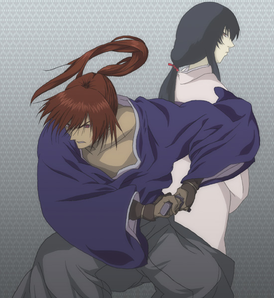 natsuki heru, himura kenshin, yukishiro tomoe, rurouni kenshin, battoujutsu stance, black hair, fighting stance, hakama, hakama skirt, haori, japanese clothes, katana, kimono, long hair, ponytail, ready to draw, red eyes, red hair, samurai, skirt, squatting, sword, weapon