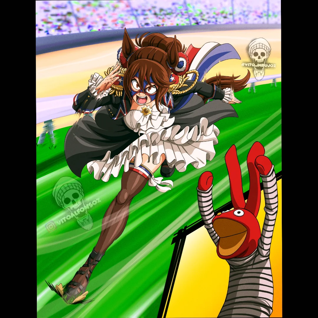 juan carlos bodoque, 31 minutos, umamusume, 1boy, 1girl, angry, animal ears, breasts, brown hair, dress, grass, humanization, large breasts, mask, muscular, muscular female, pantyhose, puppet, running, tail, tormenta china