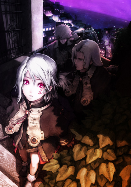 tokunou shoutarou, original, 1girl, 2boys, multiple boys, night, pointy ears, red eyes, stairs, white hair