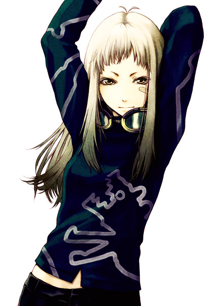 tokunou shoutarou, original, 1girl, androgynous, arm behind head, arms up, bandaid, bandaid on face, blonde hair, female focus, goggles, goggles around neck, long hair, long sleeves, looking at viewer, simple background, solo, white background, yellow eyes