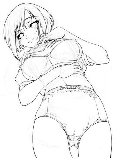 shinama, bra, buruma, clothes lift, greyscale, gym uniform, lingerie, monochrome, shirt lift, solo, underwear