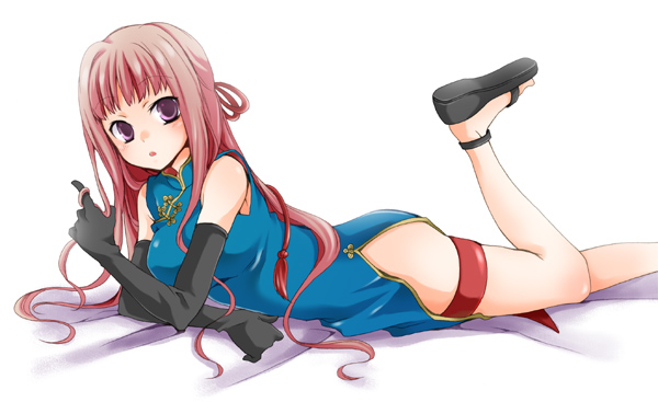 kubyou azami, original, 1girl, china dress, chinese clothes, dress, elbow gloves, female focus, gloves, long hair, pink hair, purple eyes, solo