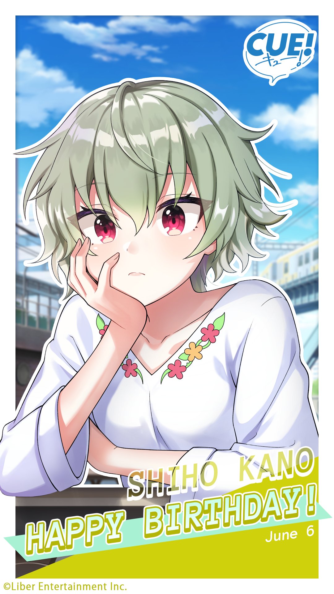 shirako miso, kano shiho, cue!, highres, official art, 1girl, blue eyes, blurry, blurry background, breasts, character name, closed mouth, collarbone, dated, english text, floral print, flower, green hair, hand on own arm, hand on own chin, happy birthday, head rest, lips, long sleeves, looking at viewer, outdoors, red eyes, red flower, shirt, short hair, sleeves rolled up, solo, train, tsurime, upper body, white shirt, yellow flower