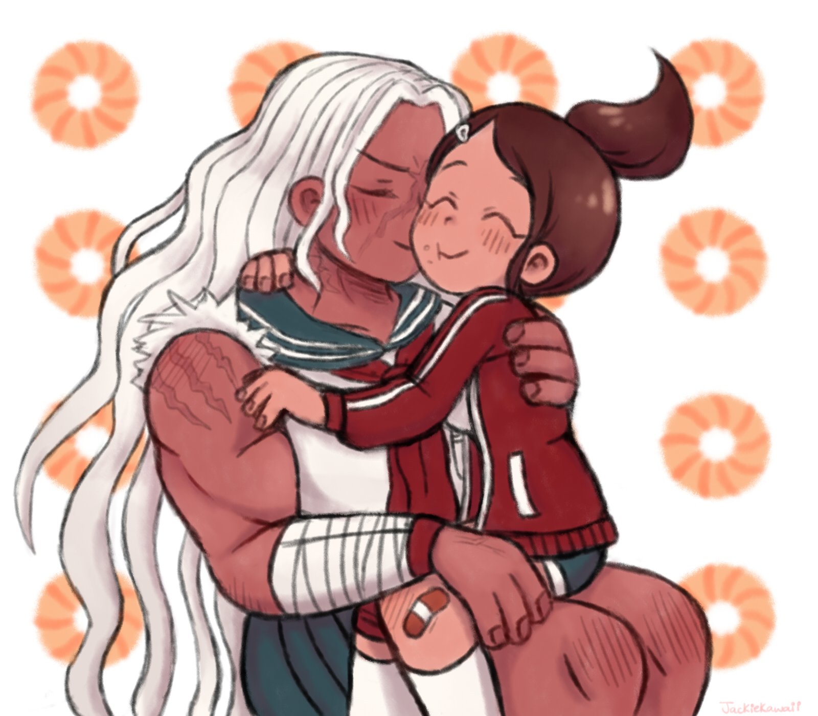 asahina aoi, ogami sakura, danganronpa: trigger happy havoc, danganronpa (series), commentary, highres, symbol-only commentary, 2girls, bandaged arm, bandages, bandaid, bandaid on leg, blue sailor collar, blue skirt, blush, brown hair, closed eyes, closed mouth, collared shirt, dark-skinned female, dark skin, donut, donut background, eyelashes, fingernails, food, hair ornament, hairclip, hug, jacket, jackie kawaii, long hair, long sleeves, multiple girls, neckerchief, ponytail, red jacket, red neckerchief, sailor collar, scar, scar on arm, scar on face, school uniform, serafuku, shirt, sitting, sitting on lap, sitting on person, skirt, smile, torn clothes, torn shirt, very long hair, white background, white hair, white shirt, yuri