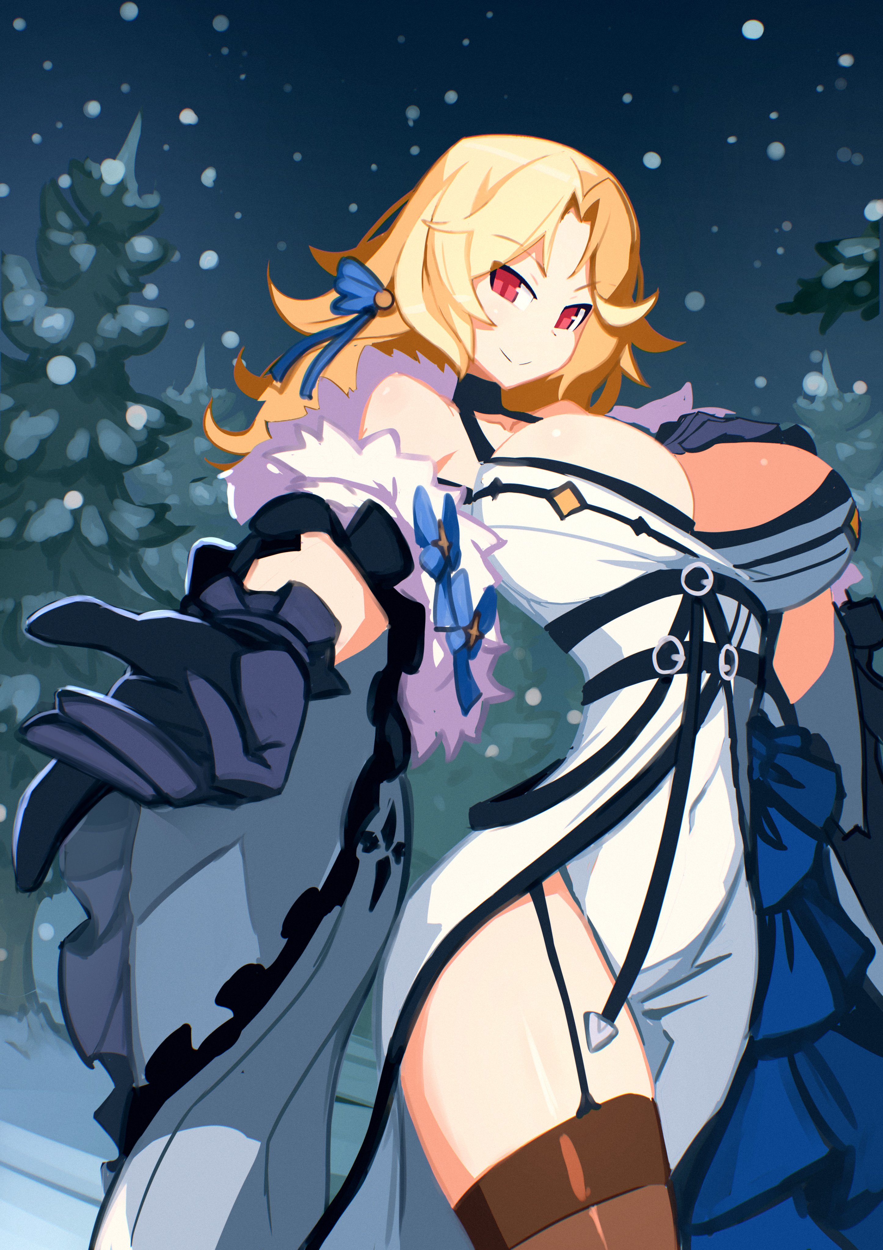 julianvanist, ludmilla (nikke), ludmilla (winter owner) (nikke), goddess of victory: nikke, absurdres, highres, 1girl, :>, bare shoulders, black garter straps, black gloves, blonde hair, blue ribbon, breasts, brown thighhighs, choker, cleavage, covered navel, curtained hair, detached sleeves, dress, foreshortening, forest, frilled gloves, frills, from side, fur-trimmed dress, fur-trimmed kimono, fur trim, garter straps, gloves, hair ribbon, hand on own chest, hand up, japanese clothes, kimono, large breasts, looking at viewer, medium hair, nature, night, official alternate costume, outdoors, parted bangs, pine tree, reaching, reaching towards viewer, red eyes, ribbon, side slit, sidelocks, smile, snow, snowing, solo, split mouth, standing, thighhighs, tree, white dress, white kimono, wide sleeves