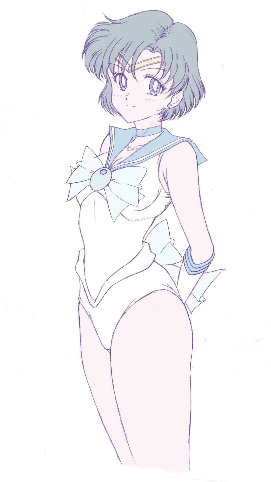 kankanze, mizuno ami, sailor mercury, bishoujo senshi sailor moon, highres, adapted costume, back bow, blue brooch, blue choker, blue eyes, blue hair, blue sailor collar, bow, bowtie, brooch, choker, circlet, earrings, elbow gloves, gloves, jewelry, leotard, light blush, looking at viewer, parted bangs, sailor collar, sailor senshi uniform, short hair, smile, stud earrings, white gloves, white leotard