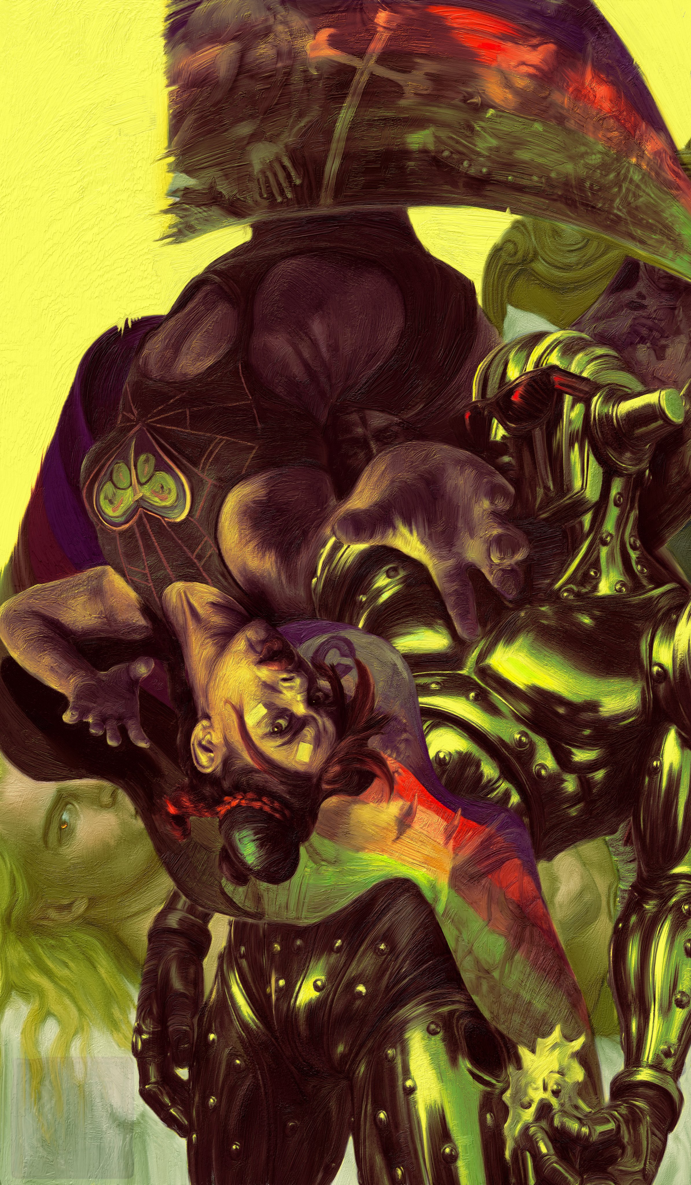 whitehogiii, c-moon (stand), dio brando, enrico pucci, kuujou jolyne, made in heaven (stand), narciso anasui, stone free, weather report, whitesnake (stand), jojo no kimyou na bouken, stone ocean, absurdres, hashtag-only commentary, highres, oil painting (medium), painting (medium), traditional media, 1girl, 4boys, 4others, bandaid, bandaid on face, black hair, blonde hair, braid, brown eyes, cassock, crop top, double bun, flower, fur hat, hair bun, hat, heart ornament, horned hat, jojo pose, makeup, multicolored hair, multiple boys, multiple others, orange eyes, rainbow, red hair, snail, spider web print, stand (jojo), standing, sunglasses, topless male, transformation, two-tone hair, upside-down, yellow background