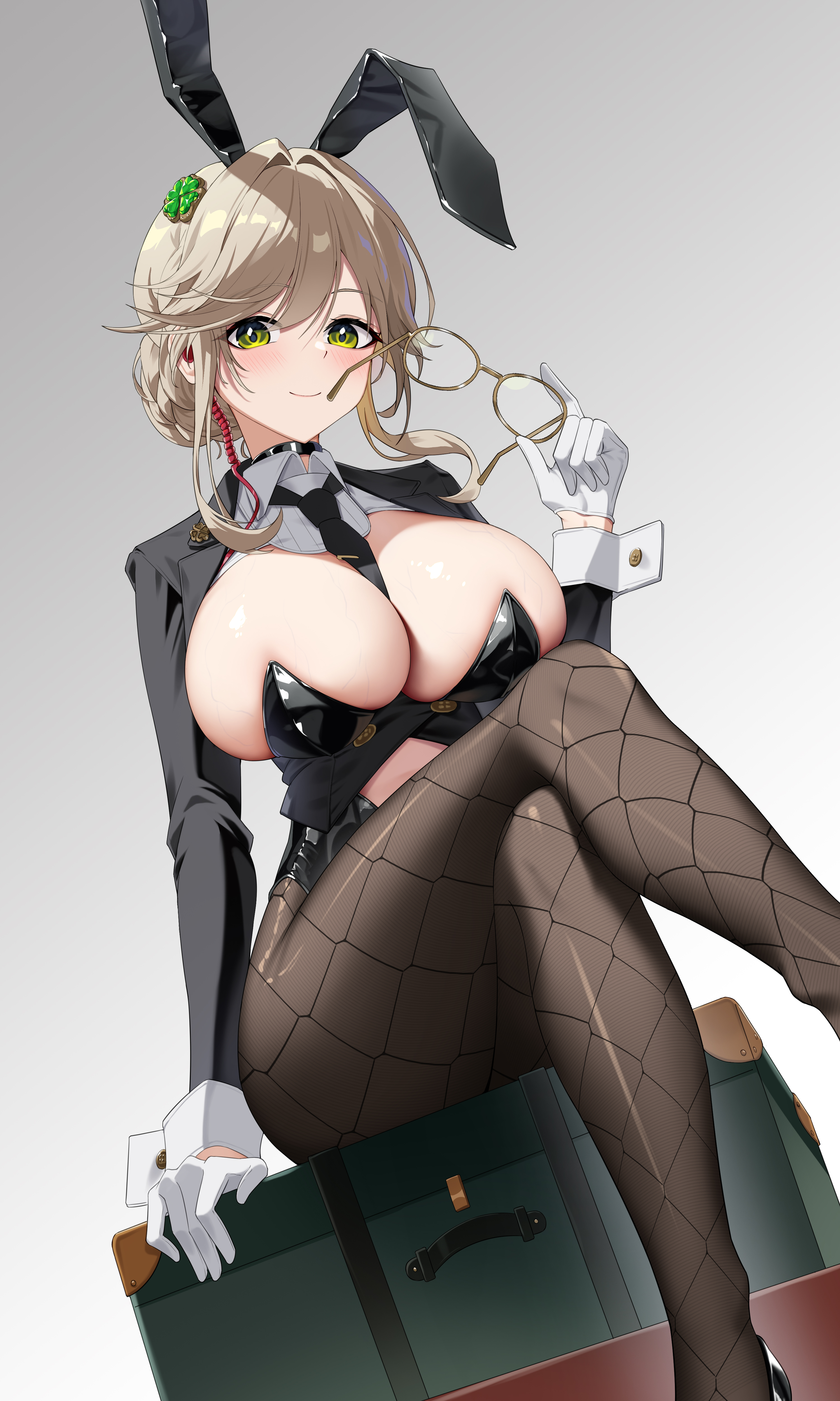 le huo, ade (agent bunny) (nikke), ade (nikke), goddess of victory: nikke, absurdres, commentary, highres, 1girl, animal ear hairband, animal ears, between breasts, black leotard, black necktie, black pantyhose, blush, breasts, briefcase, brown hair, bun with braided base, cleavage, closed mouth, clothing cutout, clover hair ornament, clover pin, crossed legs, fake animal ears, fishnet pantyhose, fishnets, four-leaf clover hair ornament, glasses, gloves, green eyes, hair intakes, hair ornament, hairband, high heels, holding, holding removed eyewear, huge breasts, leotard, long hair, long sleeves, looking at viewer, navel, navel cutout, necktie, necktie between breasts, pantyhose, playboy bunny, rabbit ear hairband, rabbit ears, sidelocks, sitting, sitting on object, smile, solo, stomach, undersized breast cup, unworn eyewear, white gloves, white wrist cuffs, wrist cuffs, yellow-framed eyewear