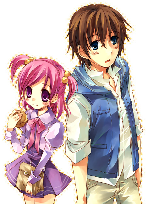 suzushiro kurumi, coco (precure 5), coco (yes! precure 5), kokoda kouji, yumehara nozomi, precure, yes! precure 5, 00s, 1boy, 1girl, blue eyes, brown hair, eating, food, hair bobbles, hair ornament, pink hair, purple eyes, purple skirt, school uniform, serafuku, skirt, two side up