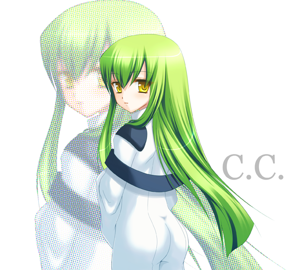 eko, c.c., code geass, 00s, 1girl, character name, female focus, green hair, looking back, solo, yellow eyes, zoom layer