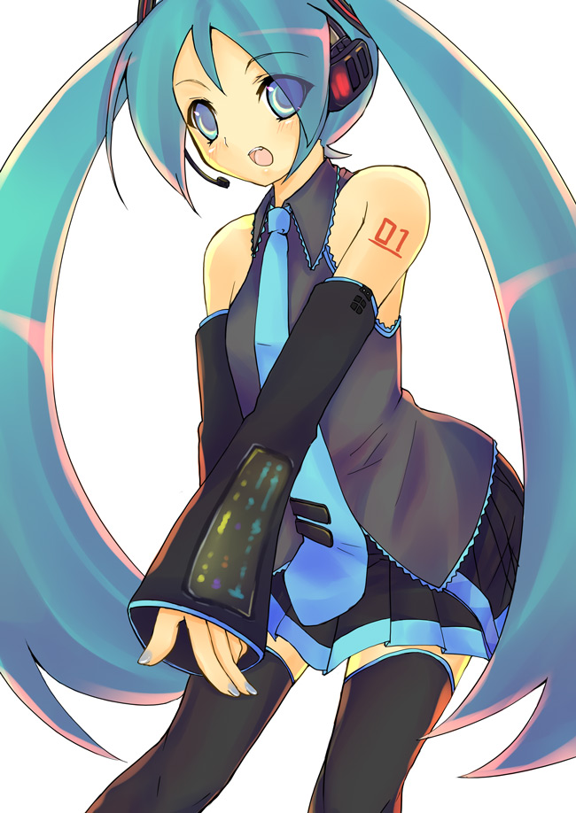 yu yu, hatsune miku, vocaloid, 1girl, aqua hair, blouse, blue necktie, collared shirt, detached sleeves, eyes visible through hair, female focus, frilled shirt, frills, grey shirt, long hair, necktie, reaching, reaching towards viewer, shirt, simple background, sleeveless, sleeveless shirt, solo, tattoo, thighhighs, twintails, very long hair, white background, zettai ryouiki