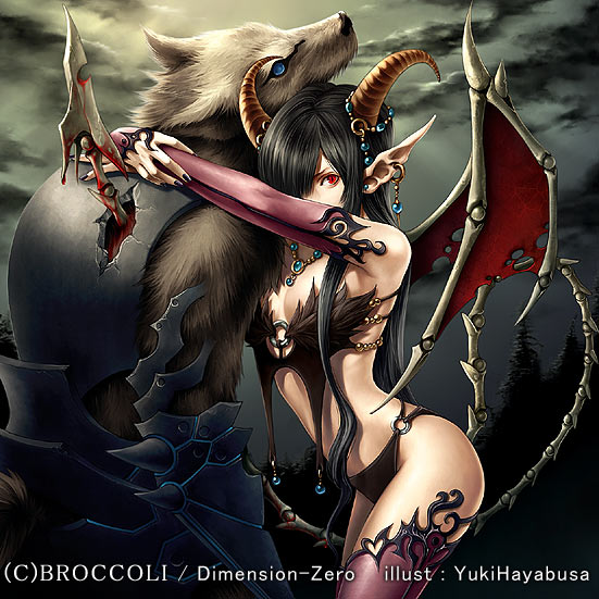yuki hayabusa, dimension zero, blade, 1girl, armor, black hair, blood, demon, demon girl, detached sleeves, dimension-zero, earrings, female focus, furry, furry male, hair over one eye, horns, hug, impaled, jewelry, long hair, looking at viewer, night, panties, pointy ears, red eyes, solo, tail, thighhighs, underwear, werewolf, wings