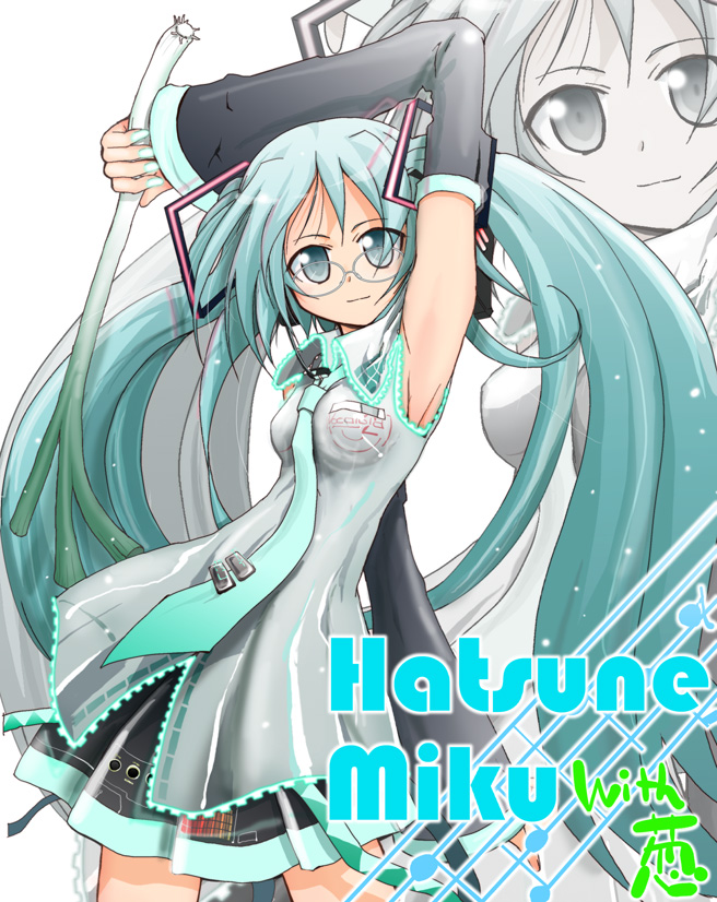 zara (corundum), hatsune miku, vocaloid, 1girl, adapted costume, aqua eyes, aqua hair, aqua nails, aqua necktie, armpits, bespectacled, blouse, character name, collared shirt, detached sleeves, female focus, frilled shirt, frills, glasses, glowing, grey shirt, headset, long hair, looking at viewer, nail polish, necktie, shirt, simple background, skirt, sleeveless, sleeveless shirt, solo, spring onion, twintails, very long hair, white background, zoom layer