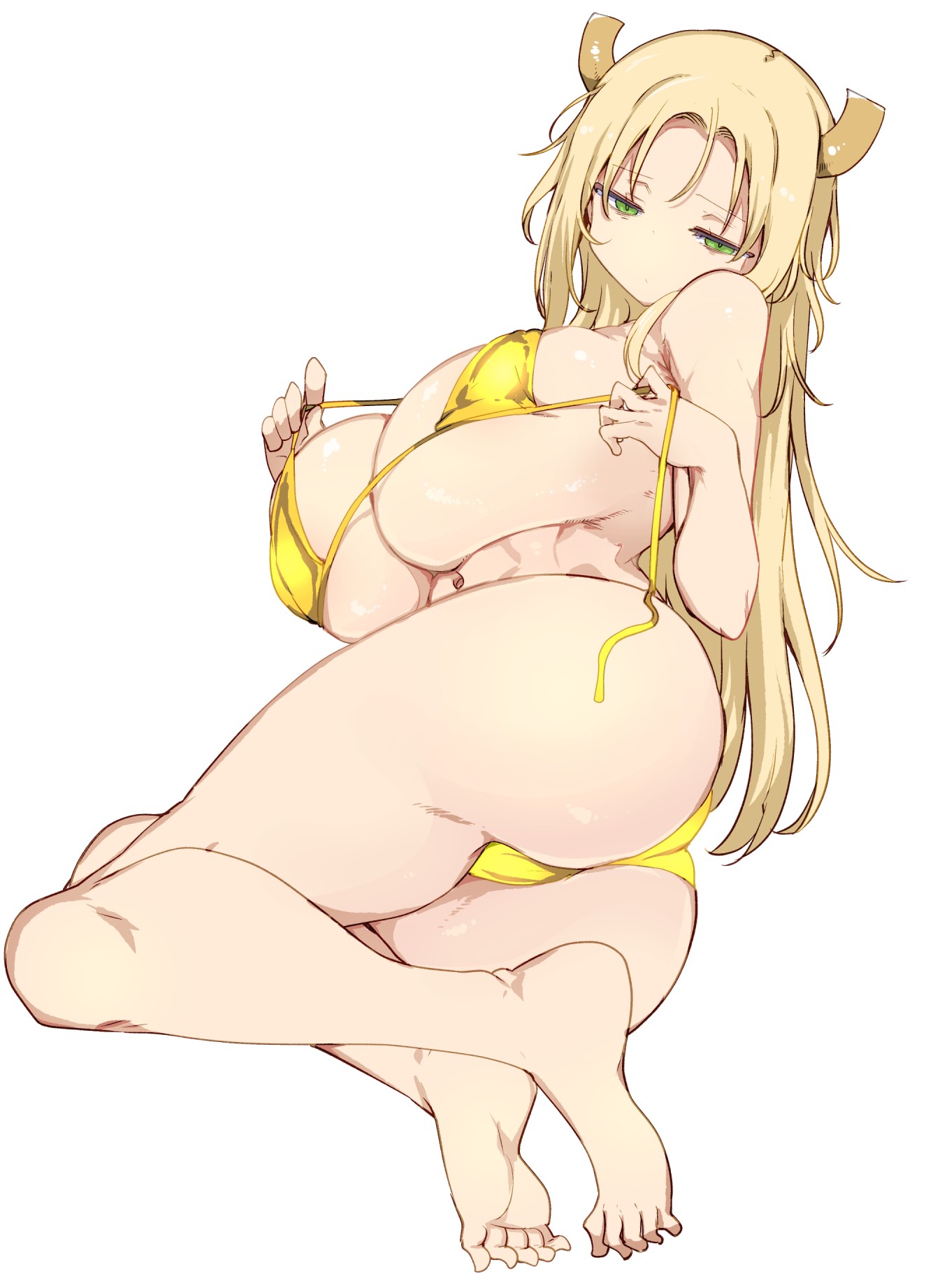 cool-kyou shinja, quetzalpetlatl, kobayashi-san chi no maidragon, highres, official art, 1girl, bikini, blonde hair, breasts, cleavage, dragon girl, dragon horns, feet, green eyes, horns, huge breasts, long hair, looking at viewer, open clothes, petla (maidragon), swimsuit, thighs, thong, thong bikini, underboob, untied bikini, yellow bikini