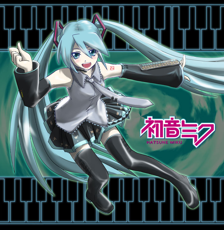 hatsune miku, vocaloid, 1girl, aqua background, aqua hair, black thighhighs, blouse, boots, character name, collared shirt, detached sleeves, female focus, frilled shirt, frills, full body, grey necktie, grey shirt, hair between eyes, headset, long hair, necktie, outline, shirt, skirt, sleeveless, sleeveless shirt, solo, tattoo, thigh boots, thighhighs, twintails, very long hair, zettai ryouiki