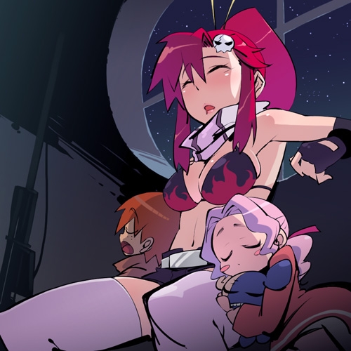 darry adai, gimmy, gimmy adai, yoko littner, tengen toppa gurren lagann, lowres, bikini, bikini top only, breasts, gun, pink hair, rifle, scarf, sleeping, sniper rifle, stuffed toy, swimsuit, thighhighs, weapon