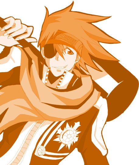 lavi, d.gray-man, 00s, 1boy, earrings, eyepatch, grin, hammer, headband, jewelry, male focus, monochrome, red hair, scarf, smile, solo, weapon