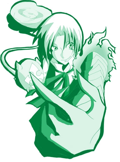 allen walker, d.gray-man, monogatari (series), 00s, 1boy, arm guards, closed mouth, cloud, facial tattoo, fire, foreshortening, green theme, looking at viewer, male focus, monochrome, outstretched arm, ribbon, simple background, smile, solo, tattoo, upper body, white background