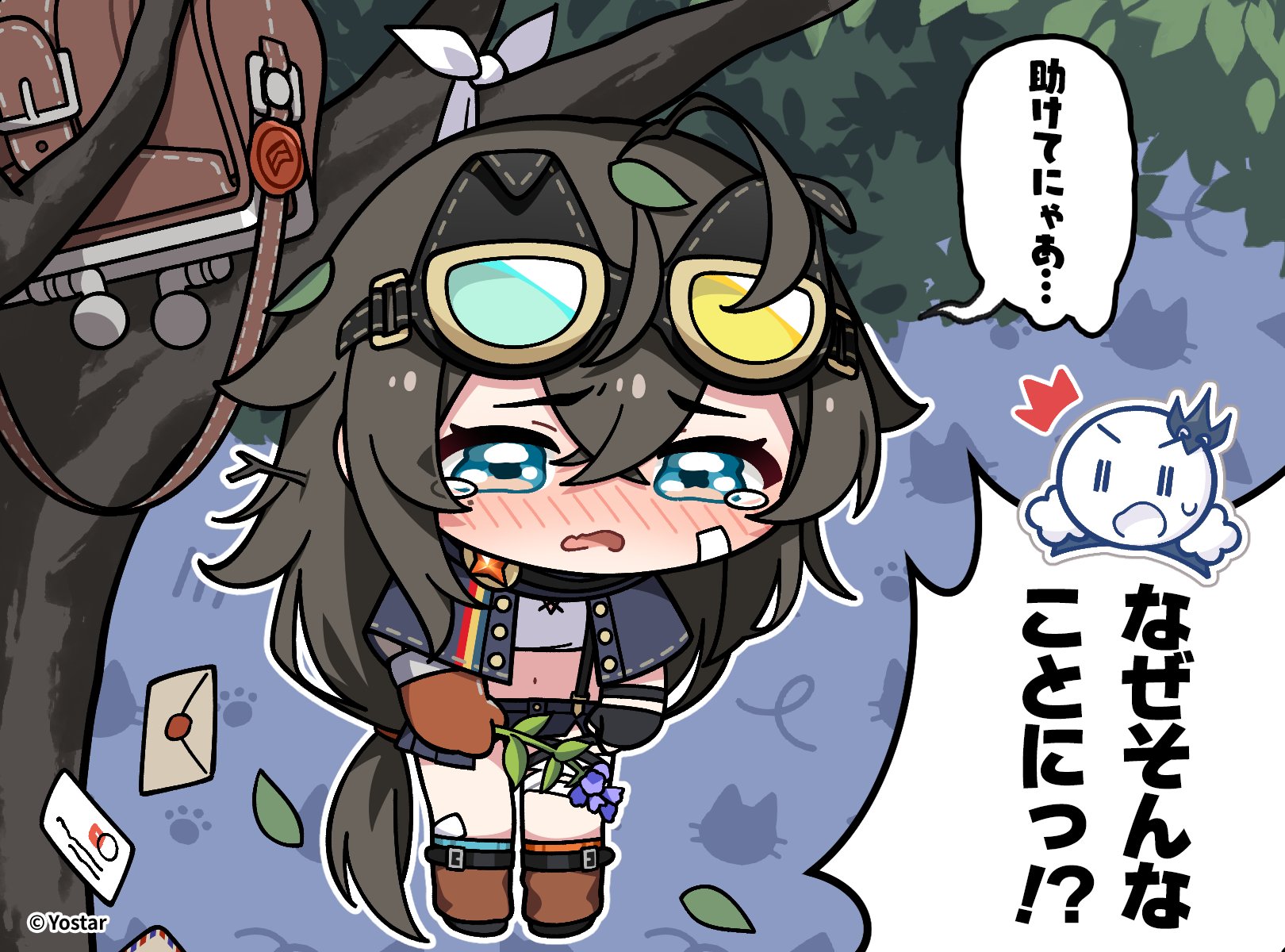 teresa (stella sora), stella sora, commentary request, highres, official art, translation request, 1girl, 1other, ^^^, ahoge, animal background, asymmetrical gloves, bag, black capelet, black gloves, black hair, blush, branch in hair, brown gloves, capelet, chibi, chibi inset, chibi only, crossed bangs, envelope, flower, gloves, hair between eyes, hanging from tree, holding, holding flower, leaf, leaf on head, letter, long hair, low-tied long hair, messenger bag, midriff, mismatched gloves, mismatched socks, navel, nose blush, open bag, open mouth, purple flower, raised inner eyebrows, shirt, shoulder bag, solo focus, tearing up, tied shirt, tyrant (stella sora), very long hair, white shirt, | |