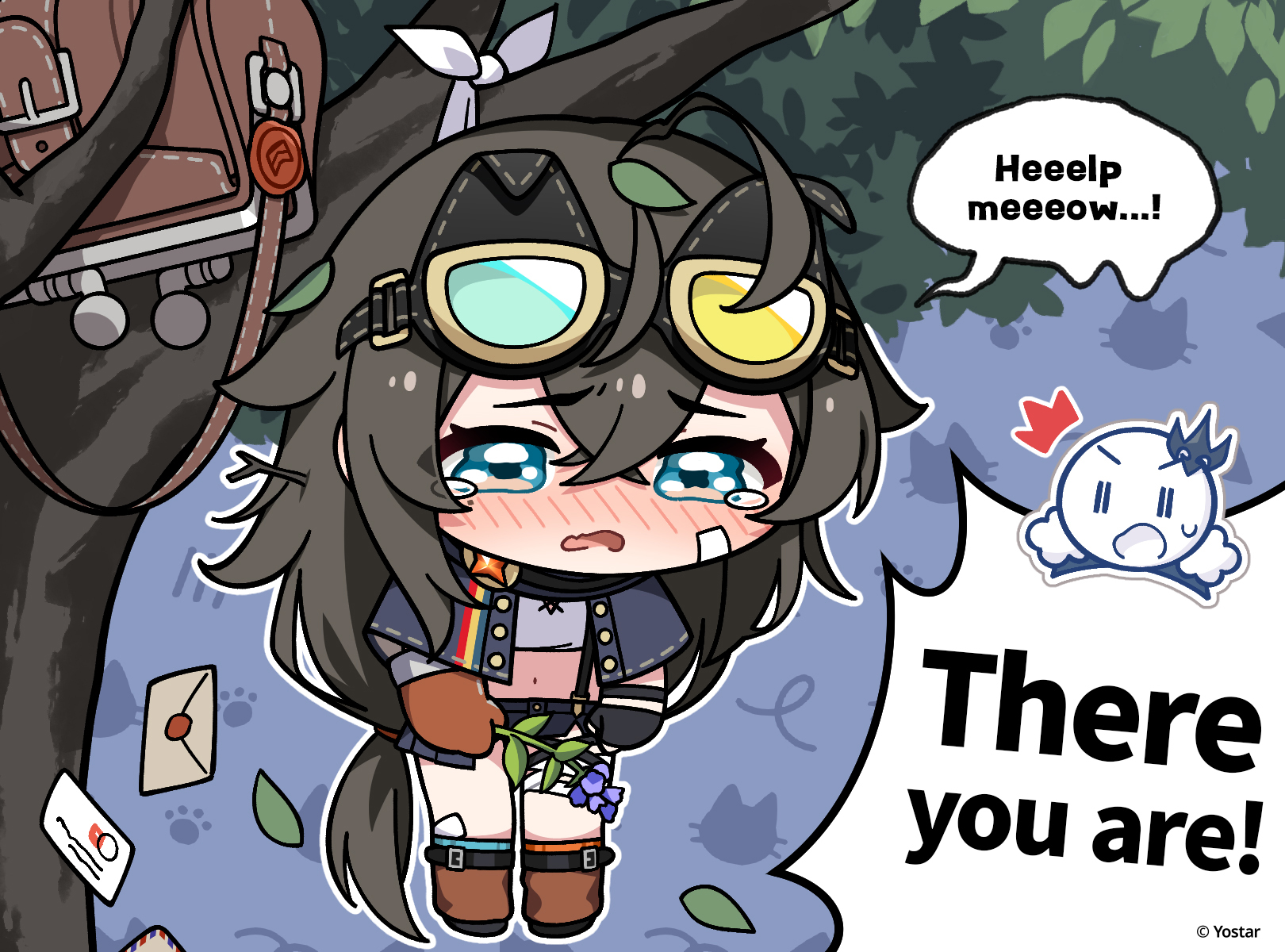 teresa (stella sora), stella sora, commentary, english commentary, highres, official art, 1girl, 1other, ^^^, ahoge, animal background, asymmetrical gloves, bag, black capelet, black gloves, black hair, blush, branch in hair, brown gloves, capelet, chibi, chibi inset, chibi only, crossed bangs, english text, envelope, flower, gloves, hair between eyes, hanging from tree, holding, holding flower, leaf, leaf on head, letter, long hair, low-tied long hair, messenger bag, midriff, mismatched gloves, mismatched socks, navel, nose blush, open bag, open mouth, purple flower, raised inner eyebrows, shirt, shoulder bag, solo focus, tearing up, tied shirt, tyrant (stella sora), very long hair, white shirt, | |