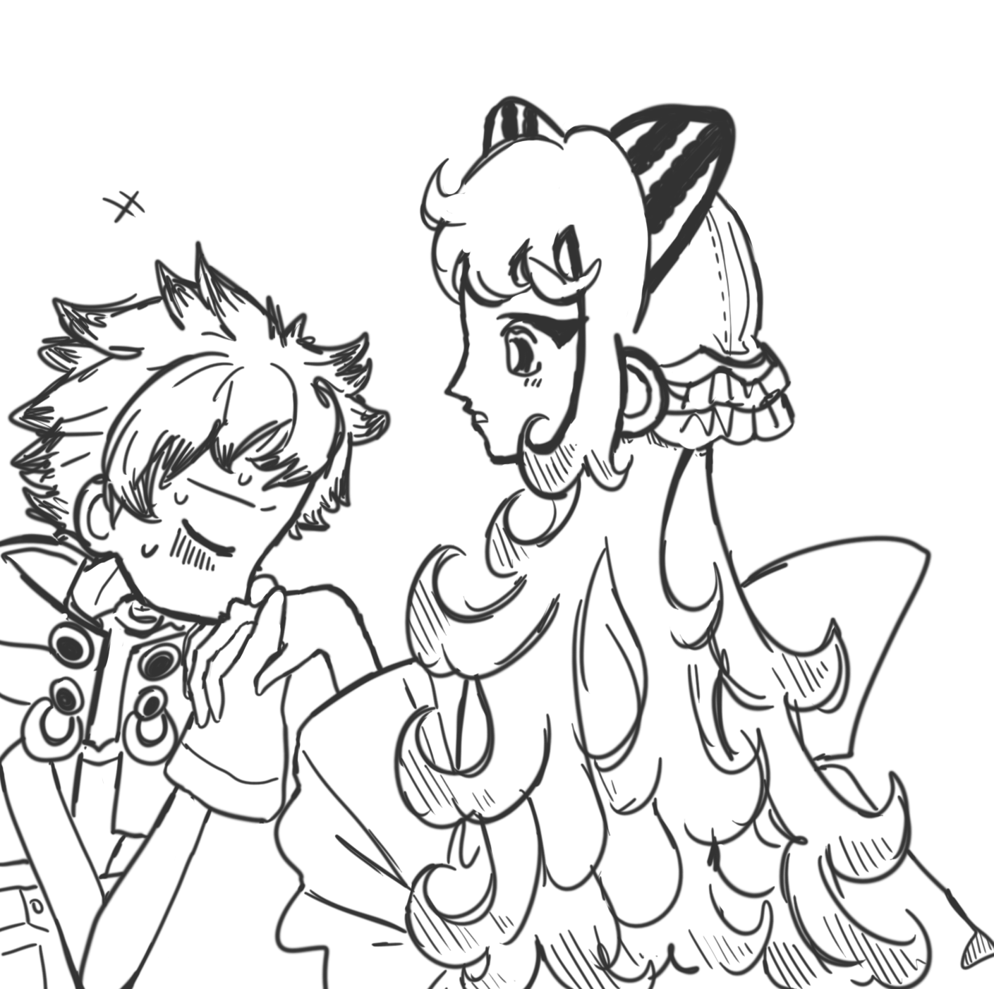 rudo surebrec, gachiakuta, highres, 1boy, 1girl, amo empool, blush, bowing, greyscale, headpiece, hetero, kiss, kissing hand, long hair, monochrome, multicolored hair, priscillasfav