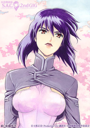 kusanagi motoko, ghost in the shell, ghost in the shell: stand alone complex, lowres, 00s, 1girl, cherry blossoms, female focus, lipstick, makeup, purple hair, red eyes, short hair, solo